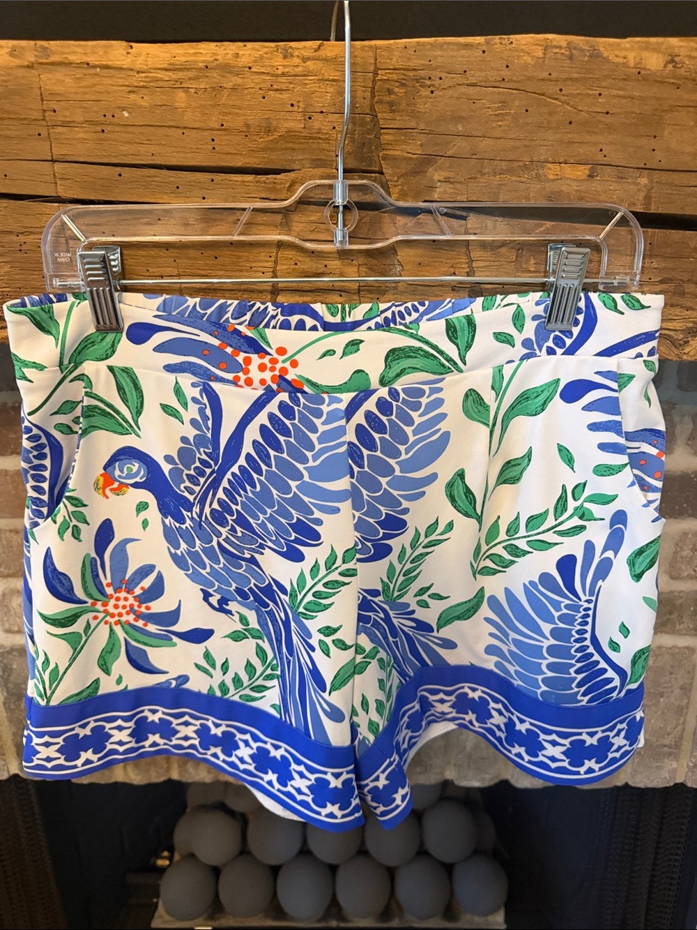 Jude Connally Blue & White Botanical Bird High-Waist Shorts